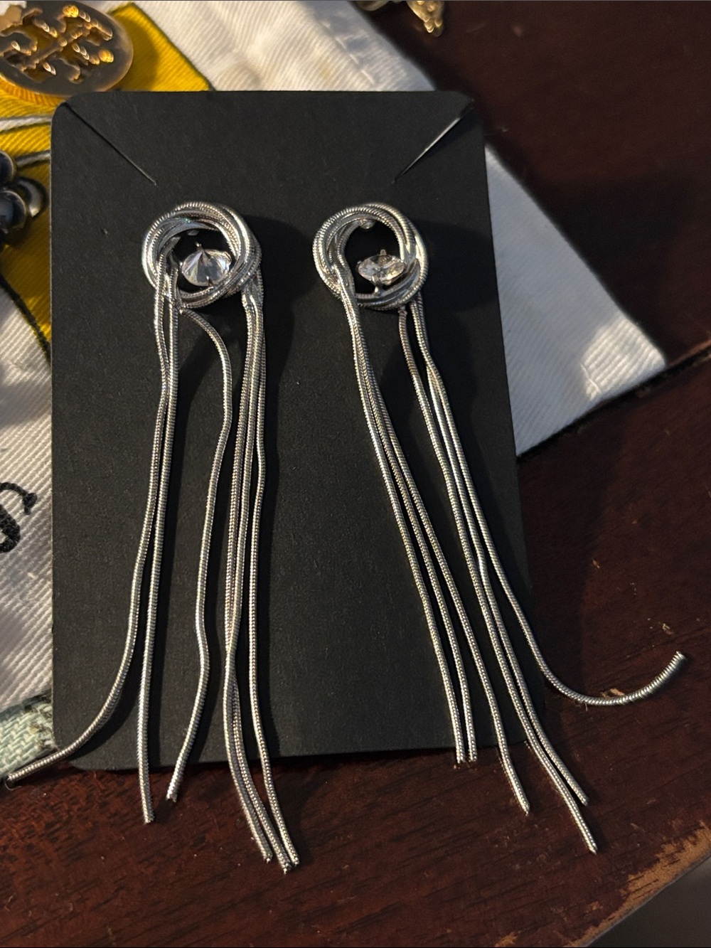 Silver Fringe Drop Earrings with Crystal Accent